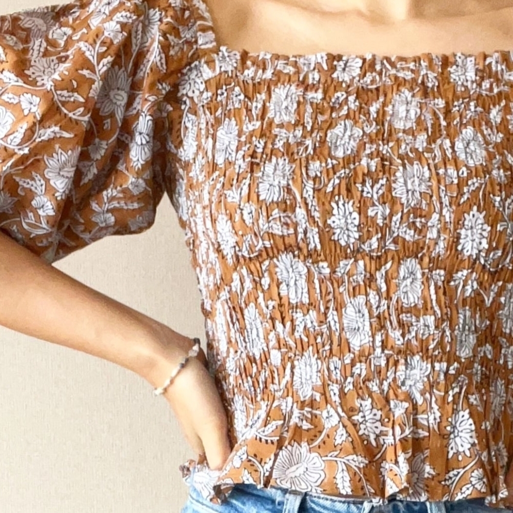 Daughters of India Tan Floral Smocked Puff-Sleeve Top - Picture 2 of 10